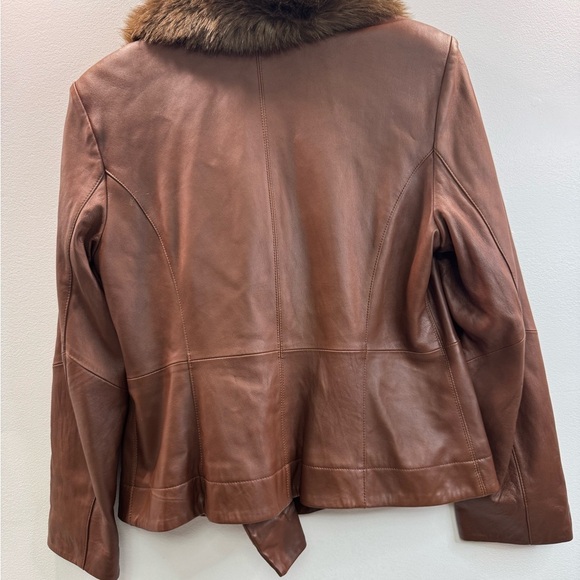 Pamela McCoy  Brown Leather Jacket size L with Faux Fur Collar - Picture 2 of 11